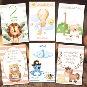 56 cartes anniversaire personnalisées pour bébé, cadeaux mensuels animaux, cadeau baby shower, cadeau bébé, accessoires photos imprimables un an