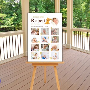 Quadro de marcos de aniversário, pôster de colagem de fotos mensais do primeiro ano do Rei Leão, arte de parede para berçário do Rei Leão, quadro editável do primeiro aniversário do Simba