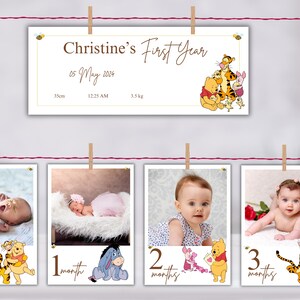 Bannière photo mensuelle 1er anniversaire Cartes jalons Winnie l'ourson Photos de bébé de première année Modèle modifiable de bannière photo Winnie l'ourson