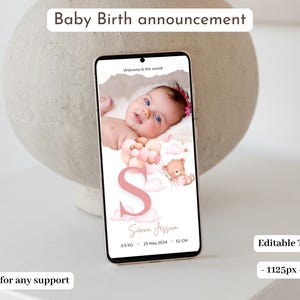 Welcome Baby Girl Announcement with Photo Mobile Newborn Baby Name Sign Birth Announcement Teddy Bear Girl Editable Template Baby Birth Card