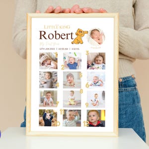 Modelo de colagem de fotos mensais do Rei Leão 1º ano, pôster de fotos do marco do primeiro ano do Rei Leão, decoração de parede com fotos personalizadas, Simba do primeiro ano