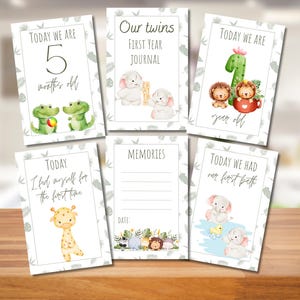Tarjeta imprimible de hitos para bebés gemelos, 57 tarjetas de hitos de Safari Twins, tarjetas de hitos personalizadas, tarjetas de hitos digitales, accesorios fotográficos unisex