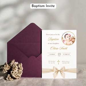 Modèle d'invitation de baptême noeud avec photo, faire-part de baptême imprimable Faire-part de baptême moderne modifiable minimaliste fête de la consécration personnalisée
