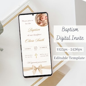 Modello di invito per battesimo con fiocco con foto, modello di invito digitale per battesimo, modello modificabile, invito per battesimo moderno personalizzato per la prima comunione