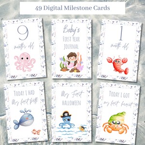 56 cartes d'étapes marquantes pour bébés animaux marins, cartes d'étapes importantes unisexes imprimables, accessoires photos personnalisés pour cadeau de baby shower, cadeau de naissance d'animaux marins
