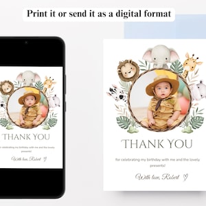 Biglietto di ringraziamento Safari con foto, biglietto di ringraziamento per feste stampabile per telefono, biglietto di ringraziamento giungla, modello di ringraziamento di compleanno Safari modificabile
