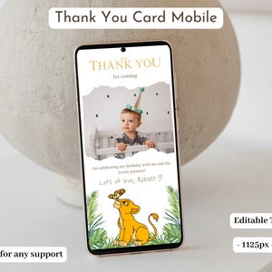Remerciement du Roi Lion avec photo pour téléphone Remerciement Carte de remerciement numérique Le Roi Lion Modèle d'anniversaire de remerciement modifiable pour mobile
