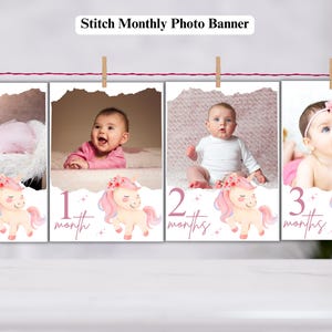 Bannière photo mensuelle premier anniversaire de la licorne Cartes jalons 1ère année Photo garçon ou fille Modèle modifiable licorne bannière photo imprimable