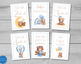 56 Milestone Cards Baby Boy Printable Monthly Milestone Cards Personalized Memories Cards, Baby Shower Gift Photos Props Instant Download