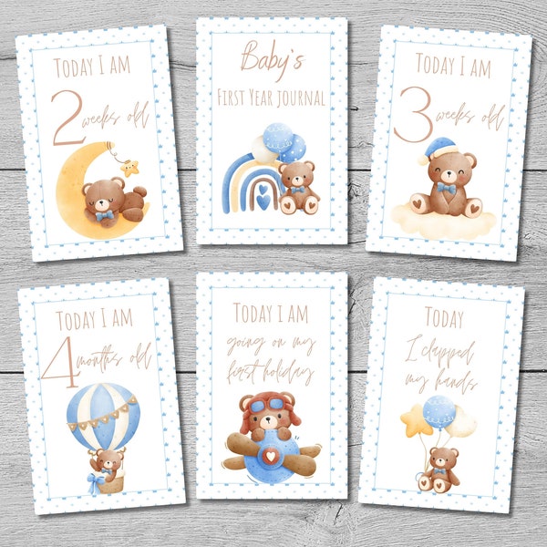 56 Milestone Cards Baby Boy Printable Monthly Milestone Cards Personalized Memories Cards, Baby Shower Gift Photos Props Instant Download