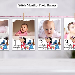 Bannière photo mensuelle Lilo et Stitch 1er anniversaire Cartes jalons 1ère année Photo garçon ou fille Modèle modifiable Stitch Bannière photo imprimable