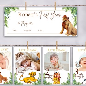 Lion King 1e verjaardag Maandelijkse fotobanner Mijlpaalkaarten Foto's eerste jaar jongen of meisje bewerkbare sjabloon Afdrukbare Lion King-fotobanner