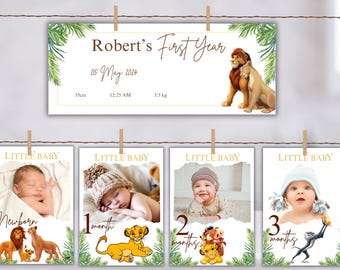 Lion King 1st Birthday Monthly Photo Banner Milestone Cards First Year Photos Boy or Girl Editable Template Printable Lion King Photo Banner