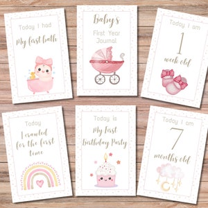 56 cartes d'étapes imprimables pour bébé fille, cartes d'étapes mensuelles, cartes-photos souvenirs personnalisées pour bébé, cadeau de baby shower