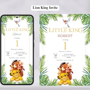 Modèle mobile modifiable d'invitation d'anniversaire du roi lion, invitation de fête numérique pour enfants, thème roi lion électronique Evite personnalisé