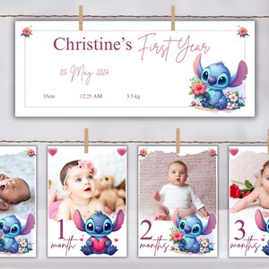 Stitch 1st Geburtstag Monatliches Fotobanner Meilensteinkarten Erstes Jahr Foto Junge oder Mädchen Stitch bearbeitbare Vorlage Druckbare Stitch Fotobanner