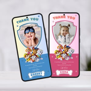Paw-bedankkaart met foto jongen of meisje digitale bedankkaart puppy patrouille voor telefoon bewerkbare bedankkaart verjaardagssjabloon