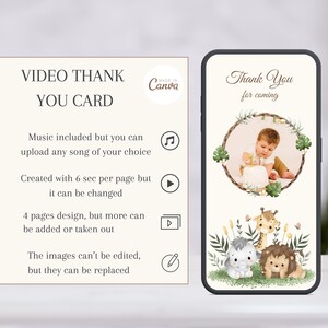 Safari numérique vidéo de remerciement pour fête d'anniversaire d'enfants photo de remerciement avec carte graphique téléphone Animaux de la jungle remerciement visiophone vidéo MP4 remerciement
