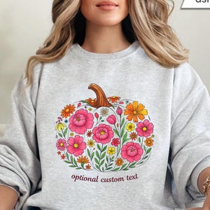 Peony Pumpkin Fall Sweatshirt With Optional Custom Text, Floral Autumn Crewneck, Personalized Fall Shirt Gift For Her, Cozy Thanksgiving Top
