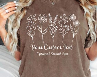Comfort Colors® Personalized Wildflower T-shirt, Custom Name Floral Line Art Tee, Botanical Garden Gift for Her, Meadow Flower Boho Shirt