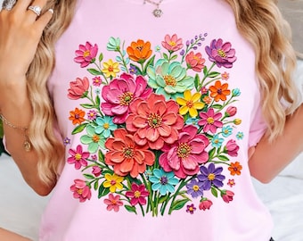 Comfort Colors® Faux Paint Floral T-shirt, 3D Impasto Flower Tee, Botanical Art Gift for Mom