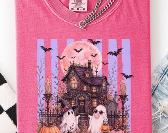 Camiseta rosa de Halloween de Comfort Colors, casa embrujada, chicle, fantasma, estilo preppy, verano, espeluznante, linda, pastel, bruja, camiseta gráfica, regalo para ella