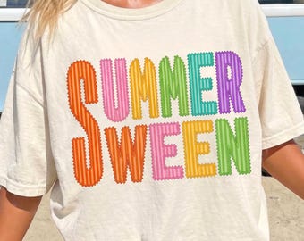 Colorful Summerween Faux Embroidery Comfort Colors Tshirt Striped Letters Shirt Retro Spooky Summer Aesthetic Graphic Tee Gift Her