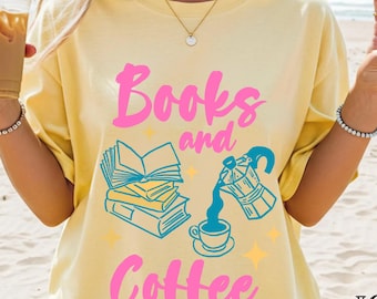 Books And Coffee Retro Comfort Colors Tshirt Summer Beach Reader Shirt Preppy Coastal Vacation Graphic Tee Book Lover Gift