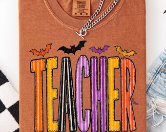 Teacher Halloween Bats Comfort Colors Tshirt Colorful Ribbon Letters Shirt Cute Spooky School Fall Graphic Tee Gift Her