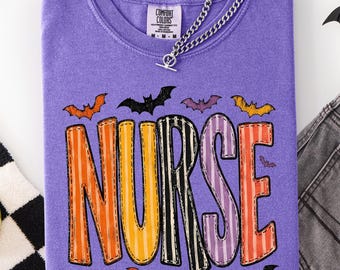 Halloween Nurse Bats Comfort Colors Tshirt Colorful Ribbon Letters Shirt Cute Spooky RN Fall Graphic Tee Gift Her