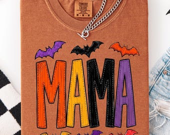 Mama Halloween Bats Comfort Colors Tshirt Colorful Faux Patch Shirt Cute Spooky Season Aesthetic Fall Graphic Tee Gift Her