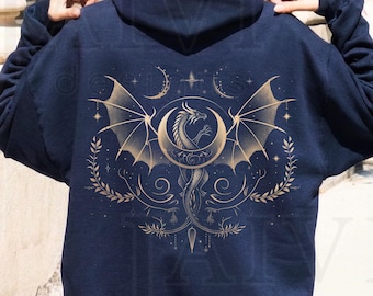 Mystical Dragon Hoodie, Celestial Dragon Sweatshirt, Fantasy Creature Sweater, Gothic Dragon Moon Crewneck