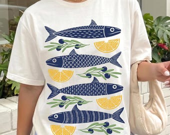 Comfort Colors® Tinned Fish Shirt, Retro Mediterranean Sardine Tee, Coastal Foodie Graphic, Summer Vacation Gift for Seafood Lovers