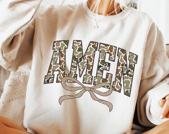 Camo Amen Bow Crewneck Sweatshirt Coquette Christian Faith Pullover Trendy Religious Apparel Fall Christmas Gift Mom Women