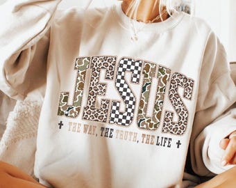 Jesus Way Truth Life Crewneck Sweatshirt Trendy Leopard Camo Checkered Faith Bible Verse Pullover Christian Women Gift Her