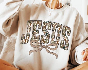 Camo Jesus Bow Crewneck Sweatshirt Coquette Christian Faith Pullover Trendy Religious Apparel Fall Bible Study Gift Women Her
