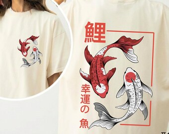 Japanese Koi Fish Comfort Colors Shirt Aesthetic Streetwear Graphic Tee With Japanese Kanji Lucky Yin Yang Retro Oversized Gift For Her
