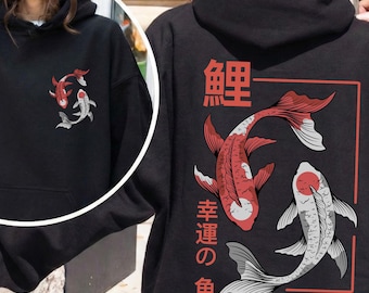 Koi Fish Hoodie, Tokyo Asian Streetwear, Harajuku Fashion Sweatshirt, Whimsical Japanese Art Hoody