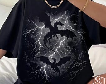 Dragon Lightning Storm Comfort Colors Shirt Epic Dark Fantasy Gothic Graphic Tee For Mythical Creatures Lover Aesthetic Vintage Gift
