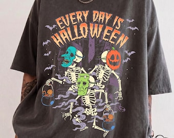 Every Day Is Halloween Comfort Colors Tshirt Skeleton Pumpkin Bats Haunted House Shirt Retro Spooky Goth Grunge Graphic Tee Gift Him Her