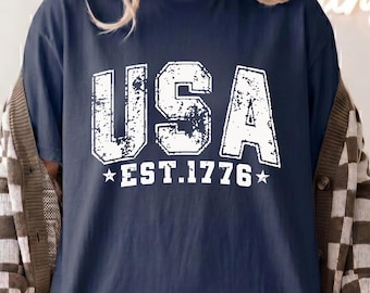 USA Est 1776 Shirt Comfort Colors Patriotic Graphic Tee Collegiate Varsity Retro Americana 4th Of July Semiquincentennial Gift For Her