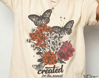 Created For This Moment Esther 4 14 Comfort Colors Tshirt Vintage Floral Butterfly Shirt Christian Faith Bible Verse Graphic Tee Gift Her