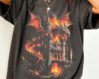 Comfort Colors® Medieval Castle Dragon Shirt, Fire Breathing Fantasy Graphic Tee, Dark Gothic Aesthetic Apparel, Gift for Gamer