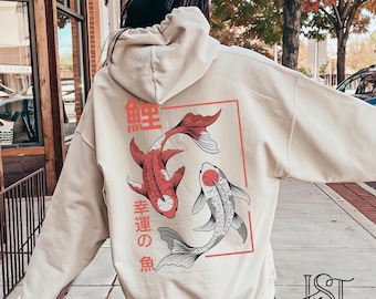 Koi Fish Hoodie, Tokyo Asian Streetwear, Harajuku Fashion Sweatshirt, Whimsical Japanese Art Hoody