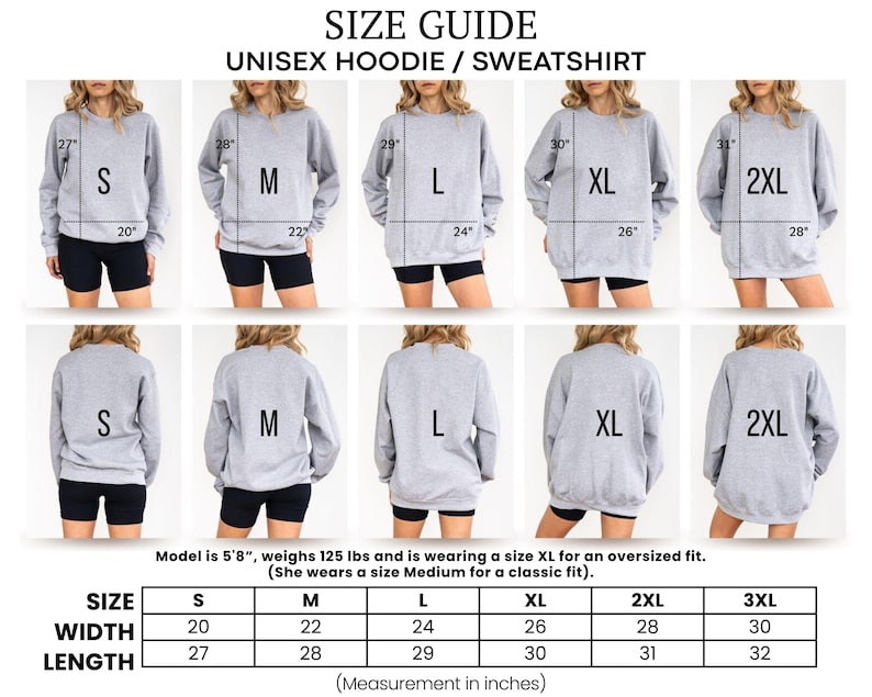 K&ouml;nnte beinhalten: Gr&ouml;&szlig;entabelle f&uuml;r Unisex-Hoodies und Sweatshirts. Die Tabelle zeigt die Ma&szlig;e f&uuml;r die Gr&ouml;&szlig;en S bis 3XL, mit Breiten von 50.8 bis 76.2 cm und L&auml;ngen von 68.6 bis 81.3 cm. Das Model ist 172.7 cm gro&szlig; und tr&auml;gt Gr&ouml;&szlig;e XL f&uuml;r eine &uuml;bergro&szlig;e Passform.