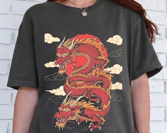 Vintage Japanese Dragon Comfort Colors T-Shirt, Asian Double Dragon Tee, Retro Mythical Creature, Oriental Art Shirt, Gift for Him