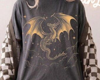 Golden Dragon Shirt Comfort Colors Tshirt For Celestial Fantasy Art Lover With Mystic Starry Night Sky Witchy Aesthetic Graphic Tee
