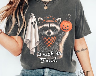Trick Or Treat Raccoon Comfort Colors Tshirt Funny Trash Panda Halloween Shirt Checkered Bandana Spooky Ghost Graphic Tee Gift Her