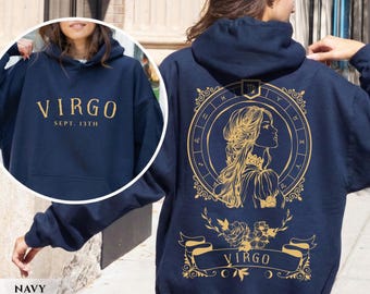 Custom Virgo Hoodie Personalized Birthdate Sweatshirt Celestial Tarot Card Astrology Horoscope Zodiac August September Fall Gift Her