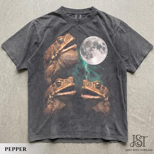May include: A charcoal gray short-sleeve t-shirt featuring a graphic print of three brown toads with textured skin and open mouths. Above the toads is a large, detailed white full moon set against a swirling, ethereal green nebula background.